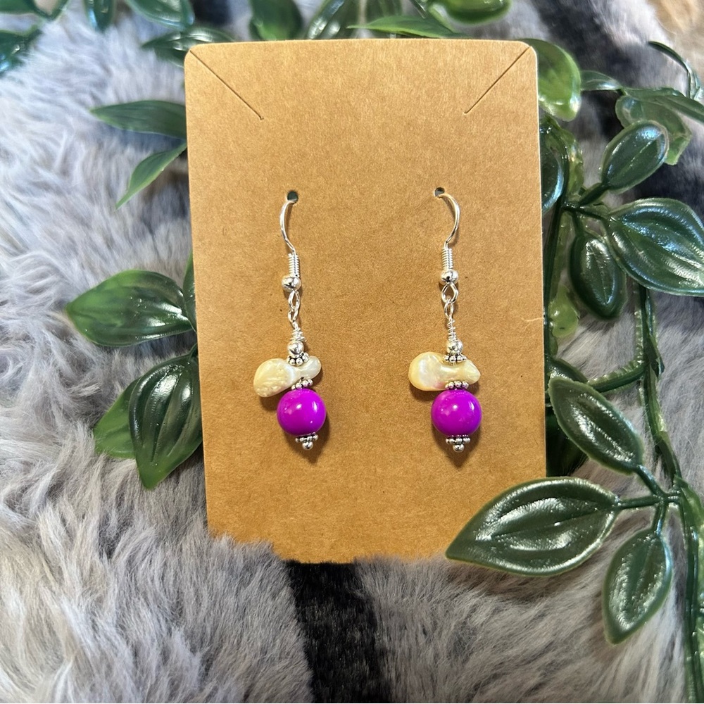 Handcrafted art glass and mother of pearl dangle earrings